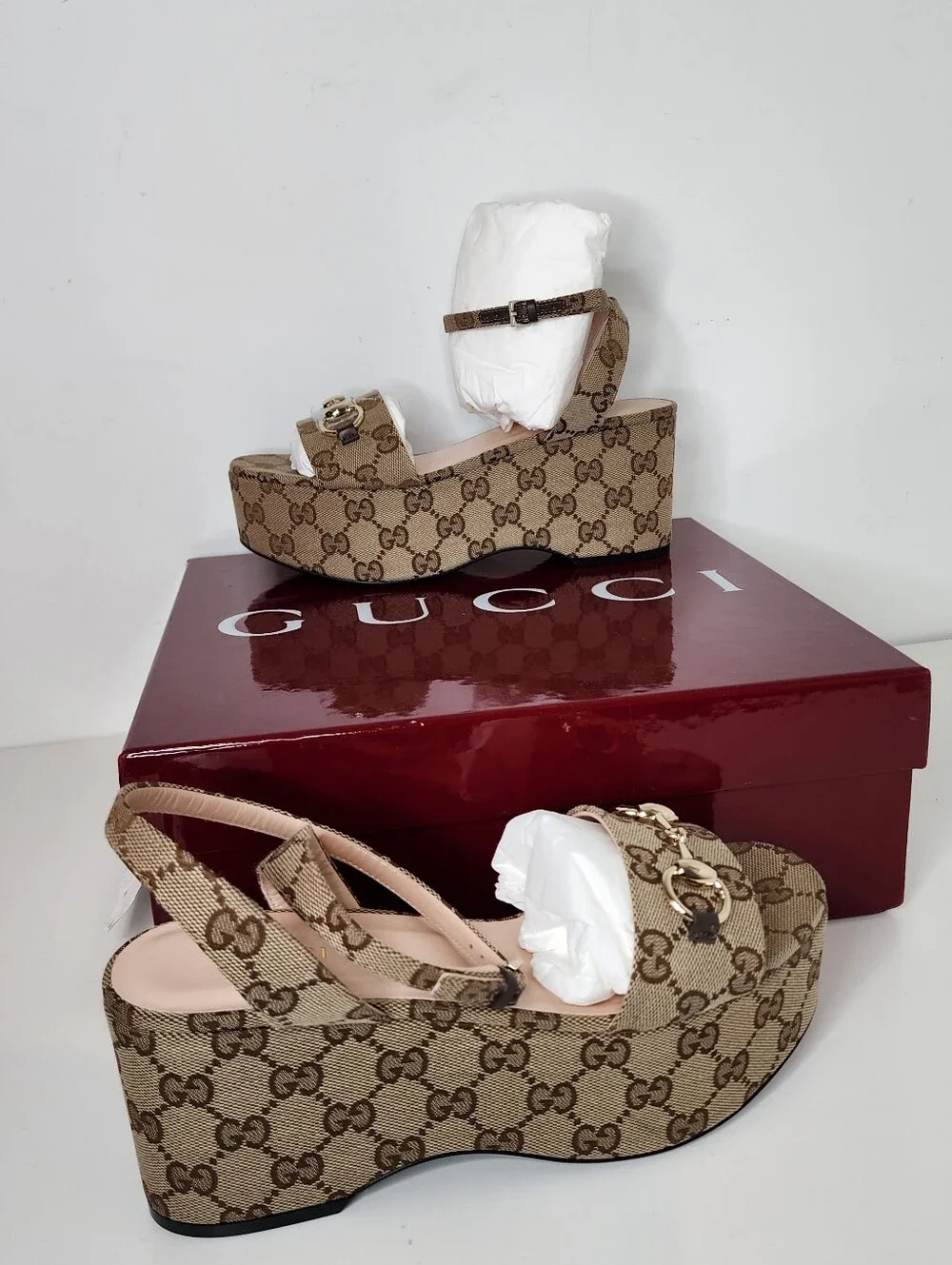 Gucci Lady Horsebit Tan Monogram Platform Wedges Sandals Size 36